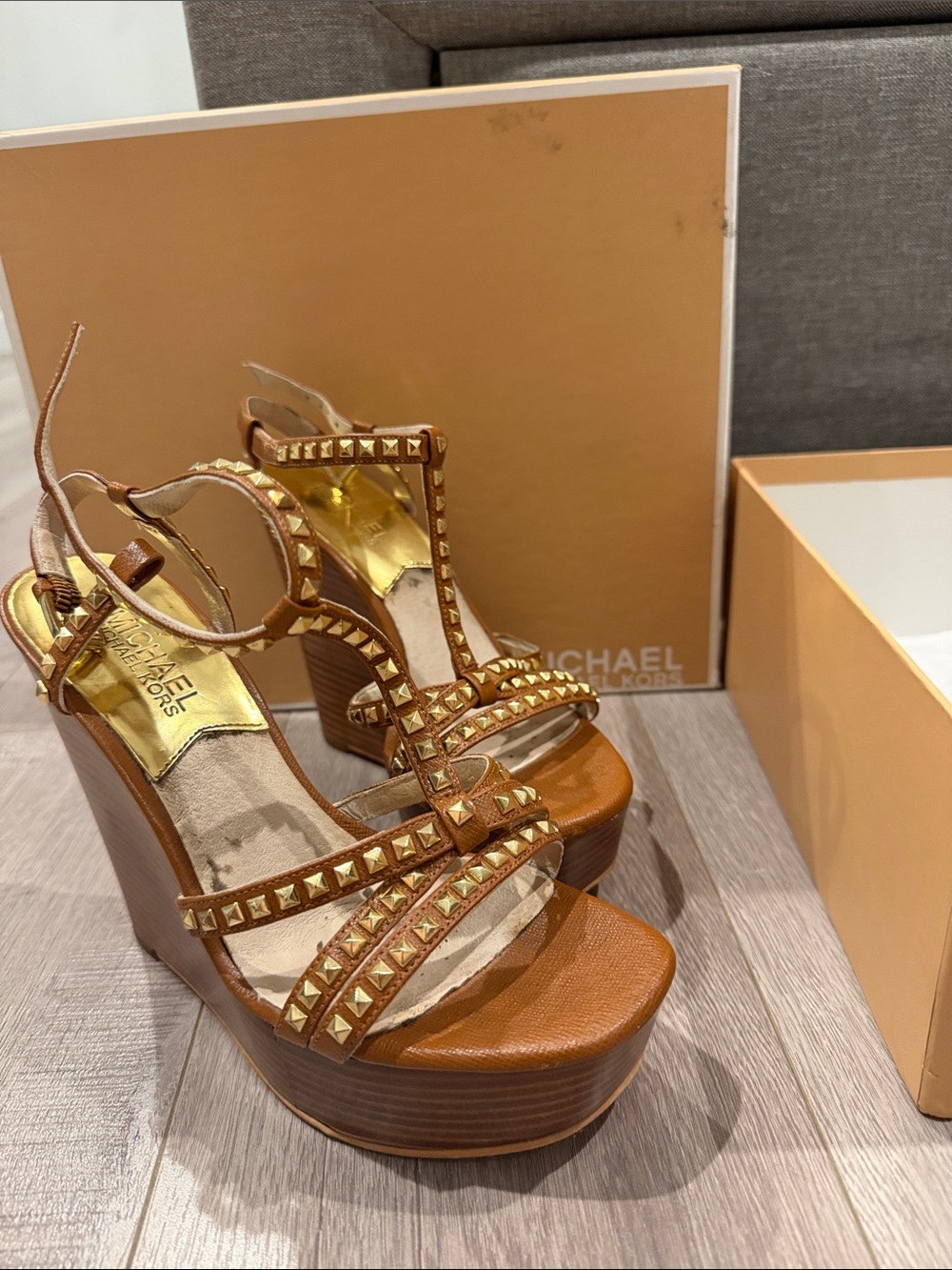 Michael Kors Brown Leather Studded Platform Wedges